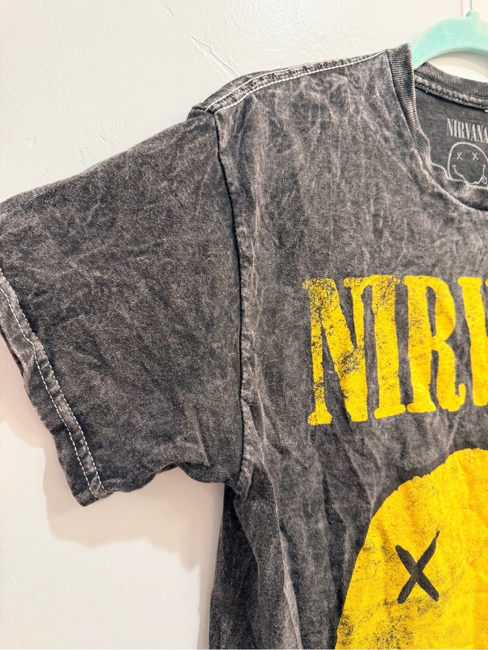 Nirvana Smiley Face Graphic T-Shirt Acid Wash Grey Black Oversized Boxy Womens M - Picture 4 of 11